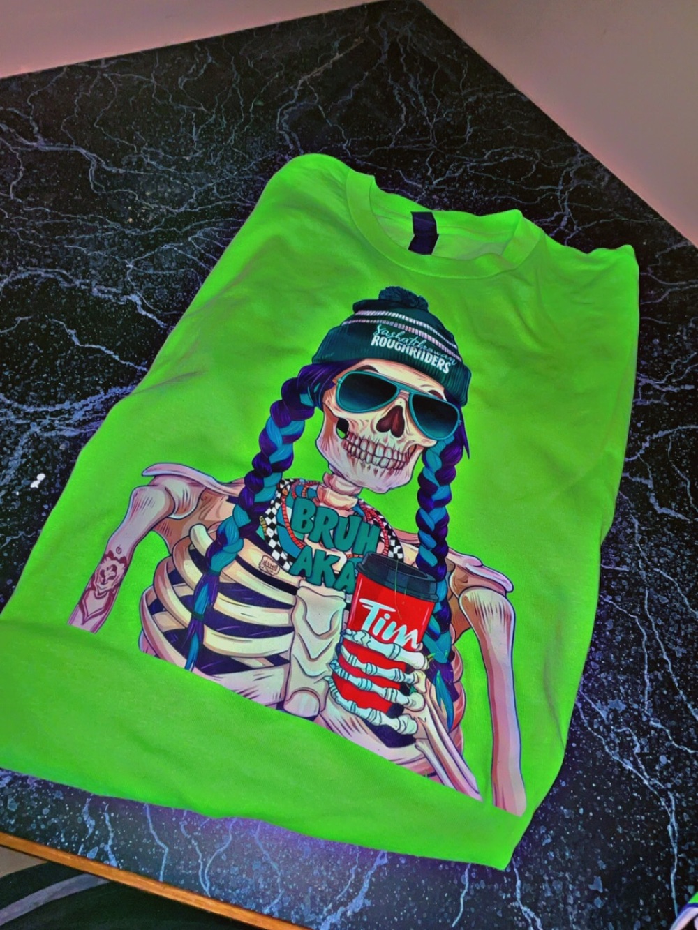 Kids Neon Green Graphic Skeleton Tee with Beanie Design